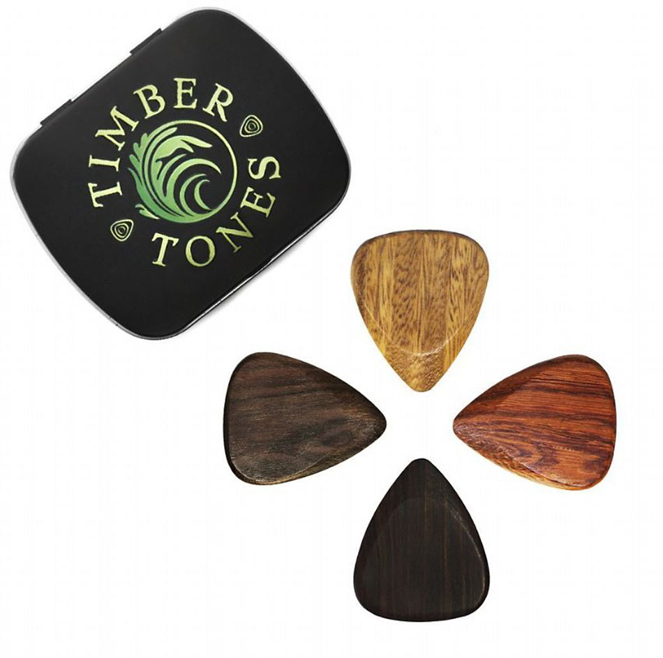 Timber Tones Electric Mixed gift tin of 4 wood Picks Electric set. Lignum Vitae, African Ebony, Indian Chestnut & Bloodwood