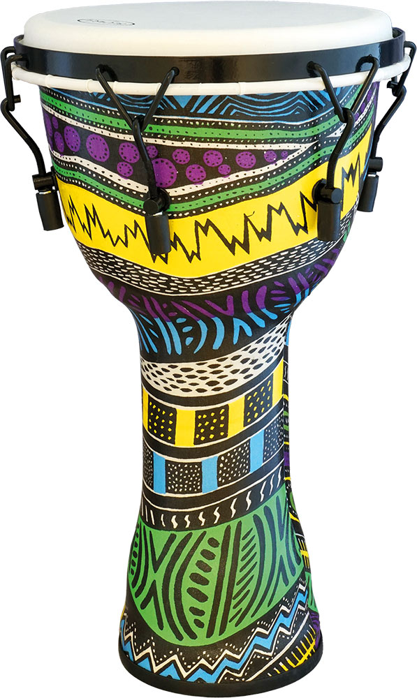 Atlas ADJ-1050 PVC Djembe 10inch. Tuneable A PVC shell with a Caribbean style sarong wrap. Fibreskyn head