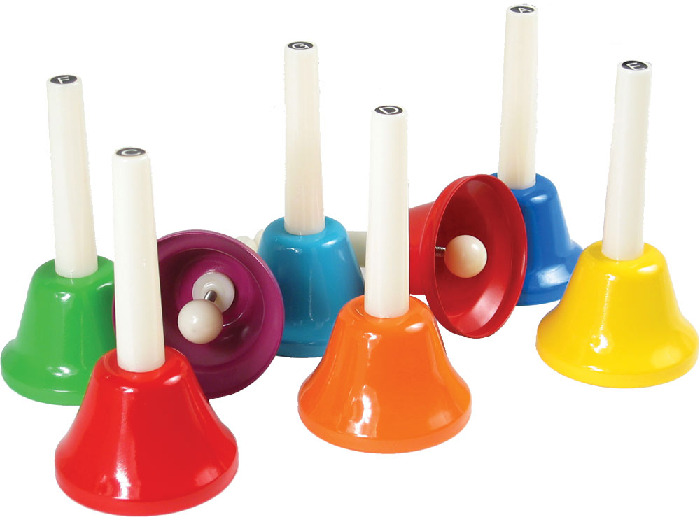 Atlas Colored Hand Bells, Set of 8 Boxed set of eight tuned hand bells from C - C