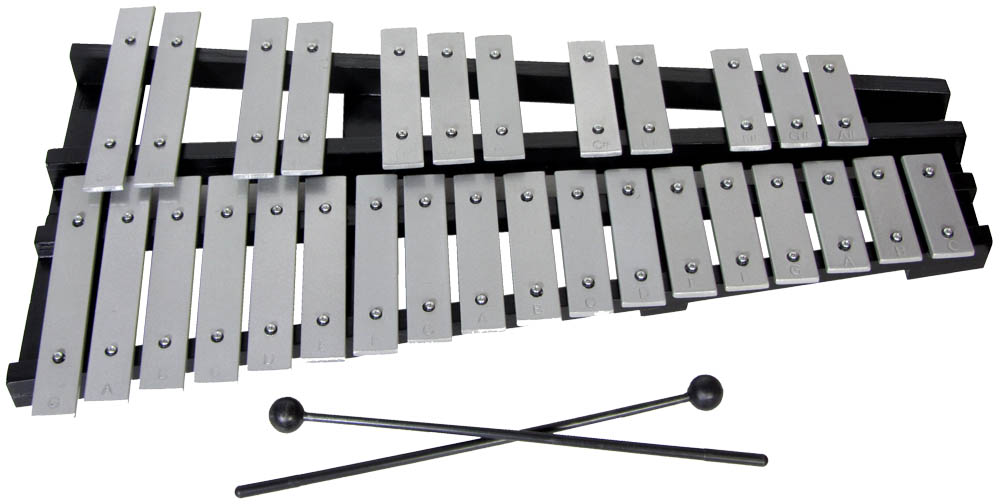 Atlas 30 Note Glockenspiel 2 1/2 octaves from G to C. Aluminum bars on a black wooden folding frame