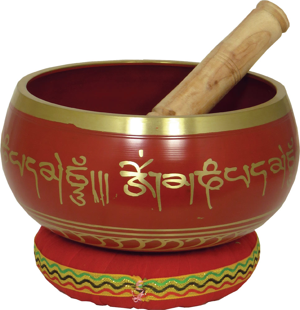 Atlas AP-E506 Singing Bowl, 6inch in Red Decorated in red made from brass. With stick and colored cushion (Sold singly)