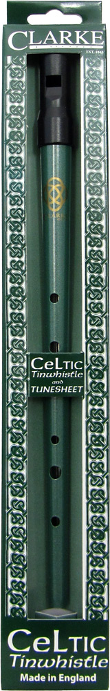 Clarke High D Whistle, Celtic Design Green finish.Traditional tapering tin tube with moulded black plastic mouthpiece