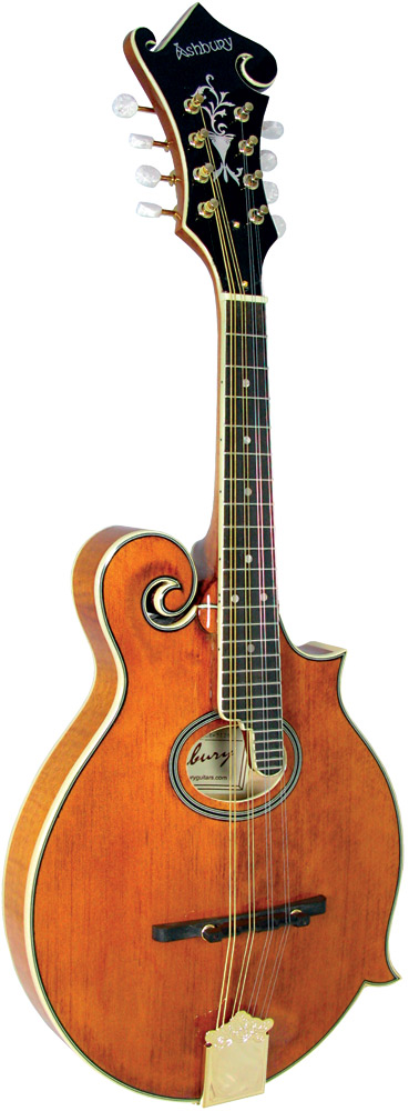 Ashbury AM-370 F Style Mandolin, Oval Soundhol F4 Style, Scroll body with oval soundhole. Solid spruce top, solid maple body, 
