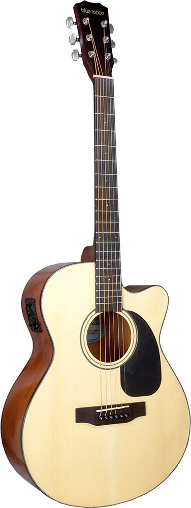 Blue Moon BG-34EN Electro Acoustic Guitar, Nat Spruce top with sapele body. Mini jumbo sized body with cutaway and pick-up