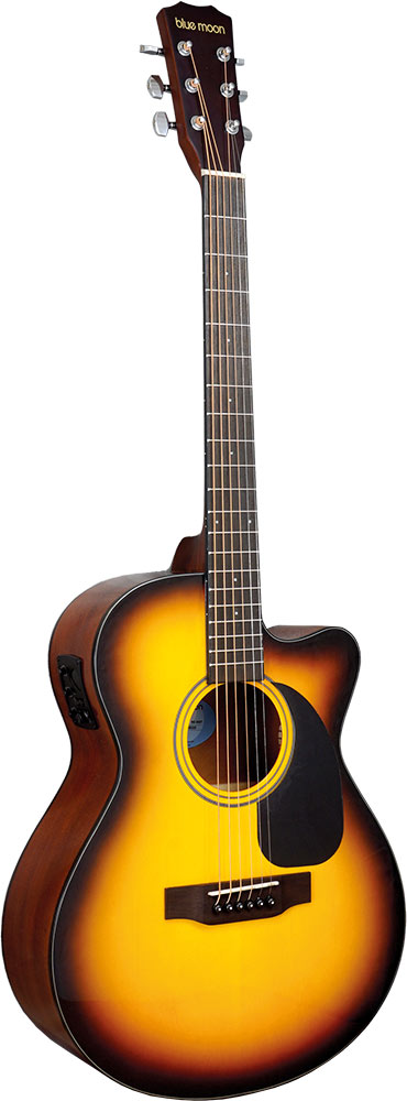 Blue Moon BG-34ET Electro Acoustic Guitar, S/B Spruce top with sapele body. Mini jumbo sized body with cutaway and pick-up