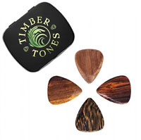Timber Tones Acoustic Mixed Gift Tin of 4 Wood Picks Acoustic set containing: Mimosa, Thai Cassia, Almond Wood & Burma Padauk