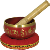 Atlas AP-E504 Singing Bowl, 4inch in Red Decorated in red made from brass. With stick and colored cushion (Sold singly)