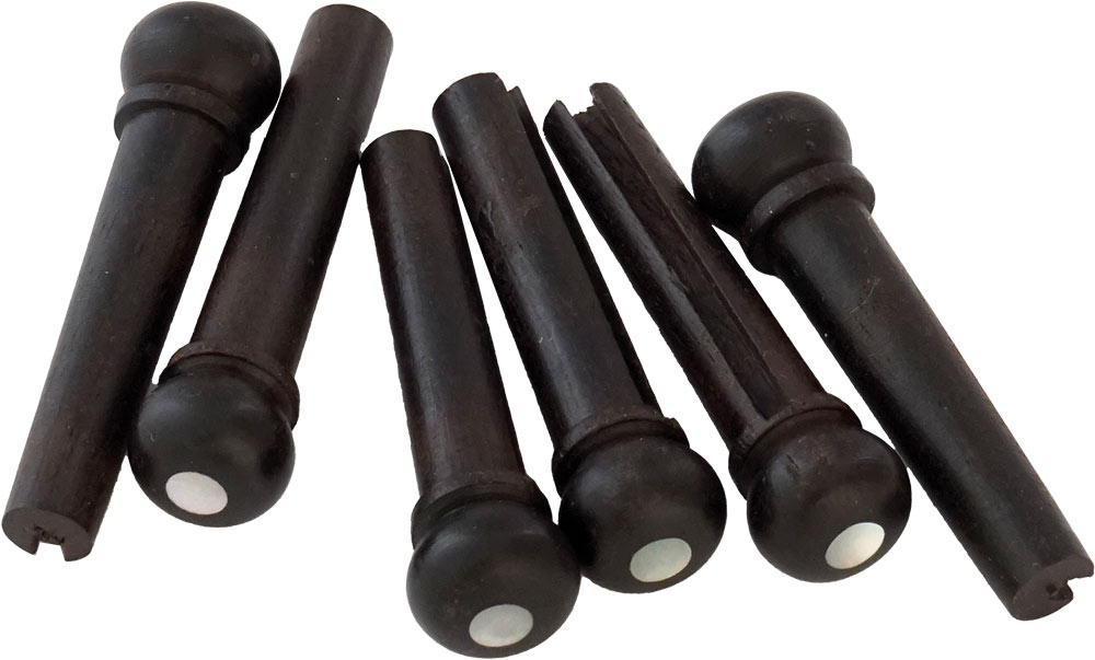 Viking VS-5205M Ebony Bridge Pins, MOP Dot Set of 6 pins with Mother of pearl dot. Suitable for most acoustic guitars