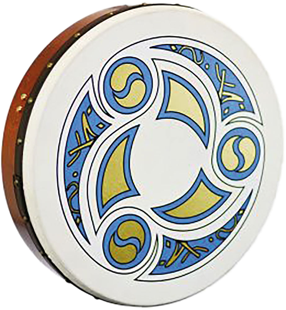 Waltons Celtic 18inch Bodhran Trinity Design Brown finish. Goat skin head with leather binding
