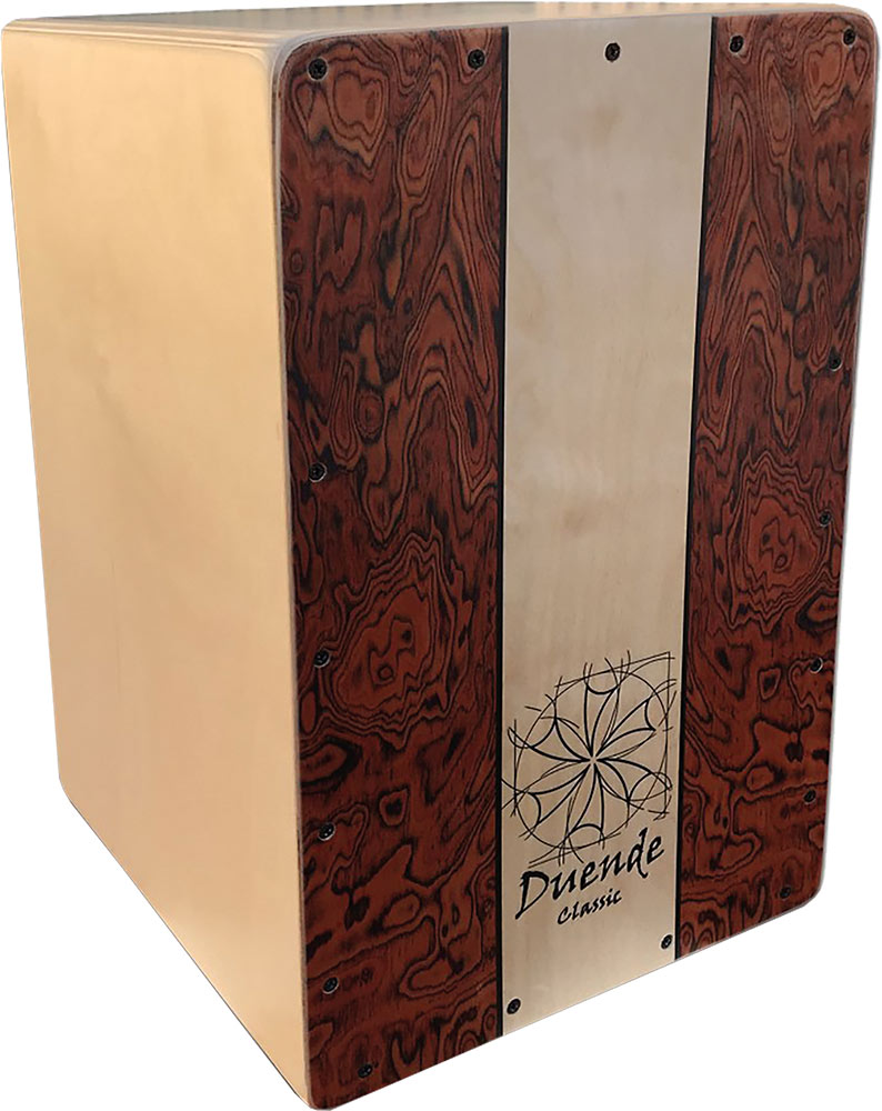 Duende Professional Flamenco Cajon, Classic Front plate is a 3mm birch with an exotic finish