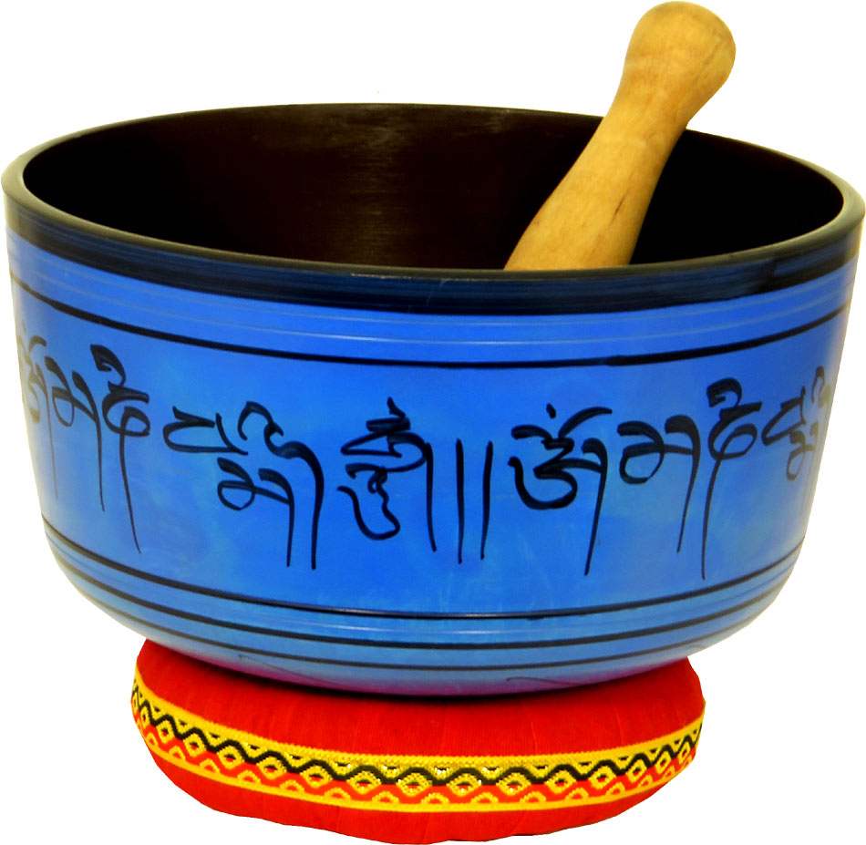 Atlas AP-E510 Singing Bowl, 8inch in Blue Decorated in blue made from metal. With stick and colored cushion