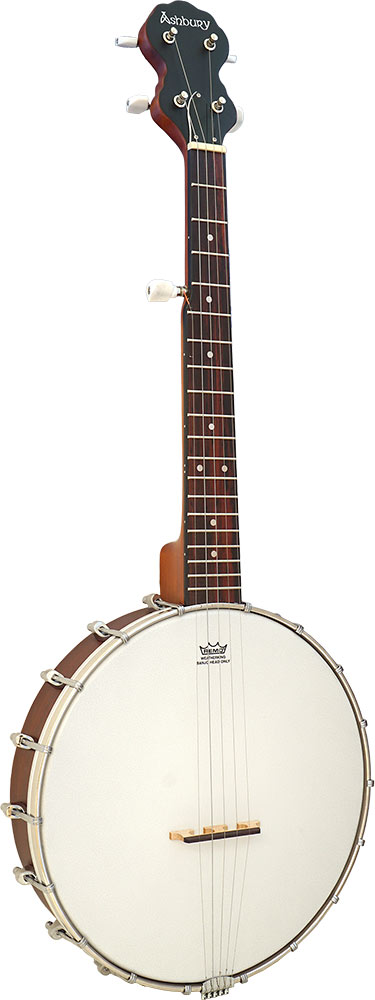 Ashbury AB-15-5 5 Str Travel Banjo, Open Back Beveled mahogany pot. Bound mahogany neck with rosewood fingerboard. 19 Frets