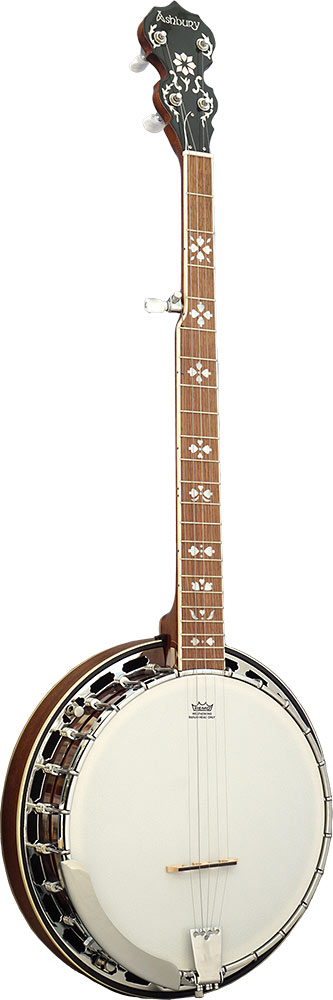 Ashbury AB-45-5 5 Str Banjo, Mahogany Resonator Rolled brass tone ring. White ABS bound mahogany neck. Rosewood f/board.22 Frets