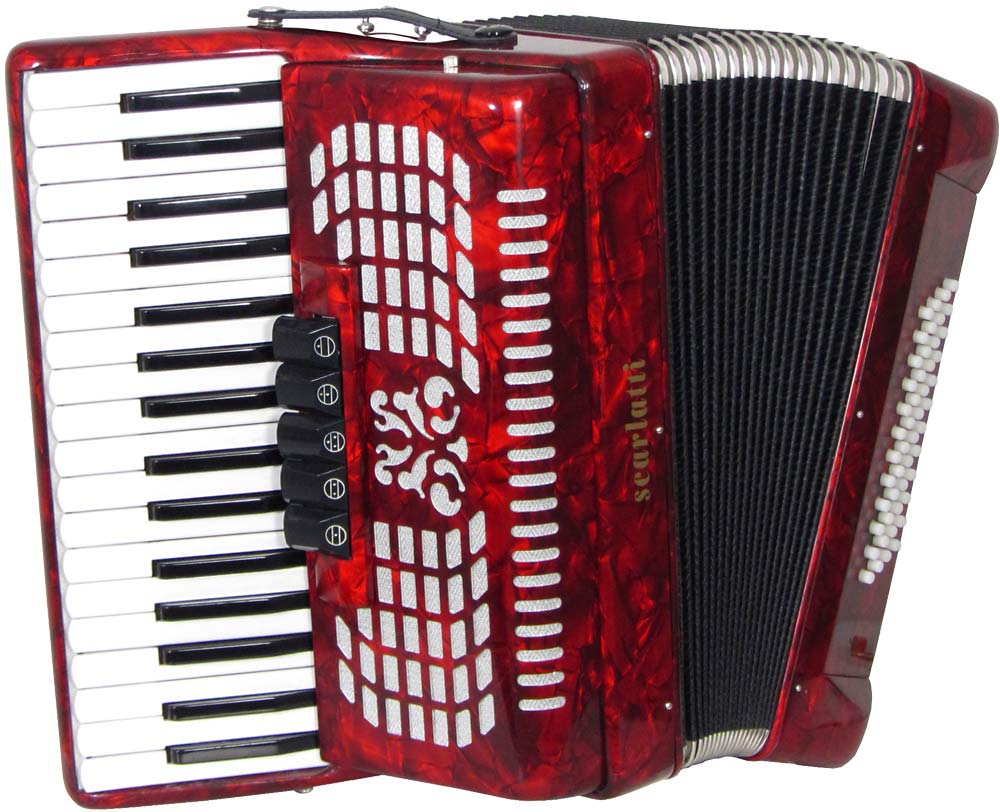 Scarlatti ASCARI IIIR Piano Accordion, 48 Bass. 3v Red finish, 34 treble keys, 5 treble couplers, 3 voice, 12x4 bass, with straps