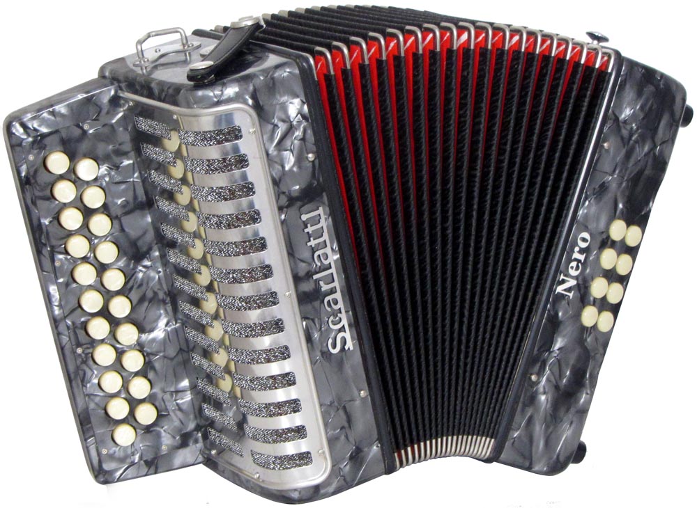 Scarlatti Nero G/C Melodeon, Czech Durall Reed 21 treble buttons, 8 bass buttons. 2 voice, bass coupler, grey finish