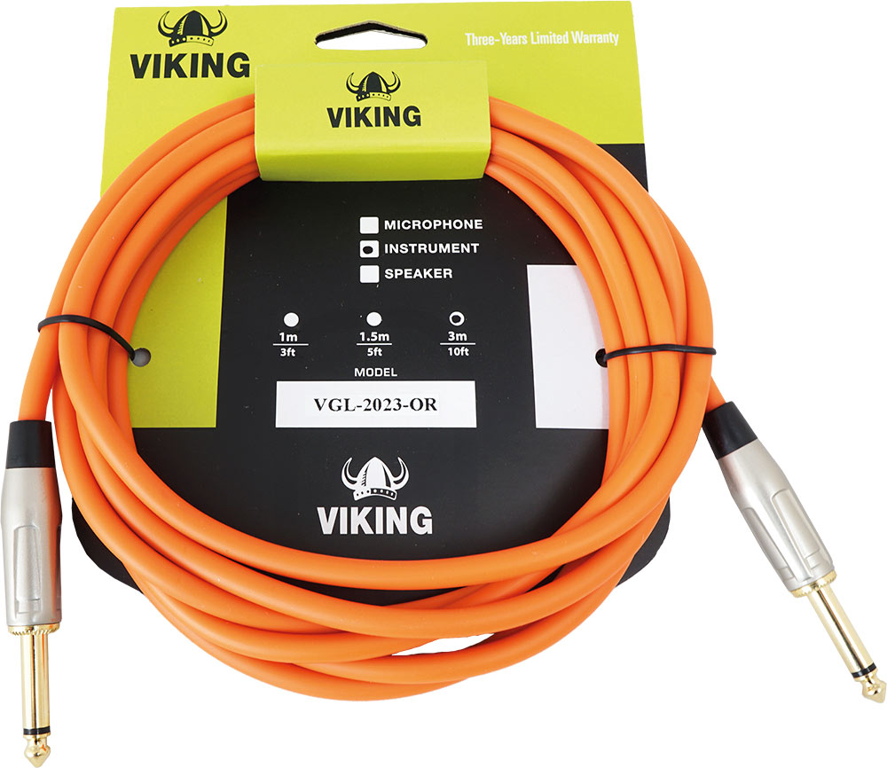 Viking VGL-2023-OR 3m Orange Guitar Lead. SS 3 metre guitar cable with two straight gold plated plugs