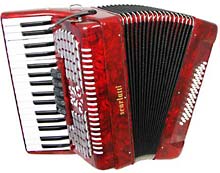 Scarlatti ASCARI IIIR Piano Accordion, 48 Bass. 3v Red finish, 34 treble keys, 5 treble couplers, 3 voice, 12x4 bass, with straps